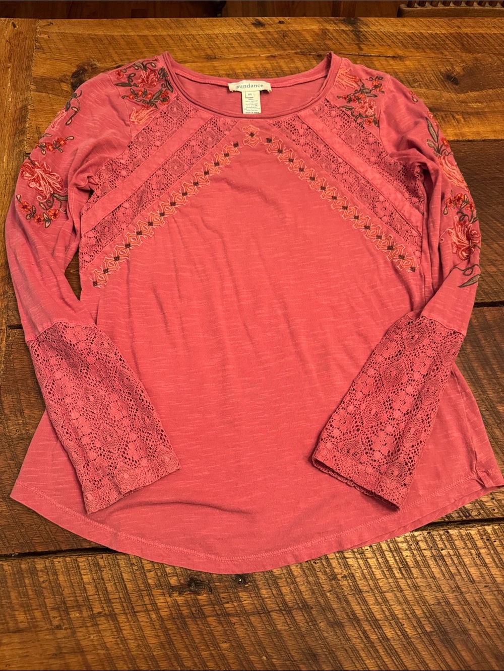 Sundance Rose Pink Embroidered Lace-Detail Long Sleeve Top